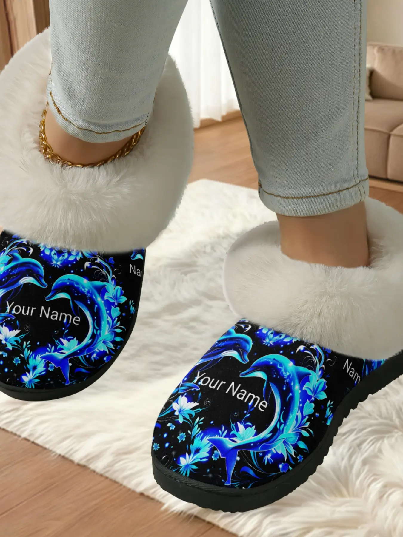 Custom Blue Light Dolphin Printed Cotton Thick Bottom Slippers, Fuzzy Lined Anti-Slip Thick Rubber Sole, Home Warm Shoes for Men and Women Fall Winter Footwear