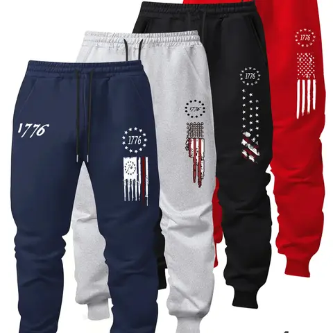 Men's Graphic Drawstring Waist Sport Pants, Casual Comfortable Fit for All Seasons, Daily Wear Versatile Style, Pack of 4, Drawstring Waist Sweatpants