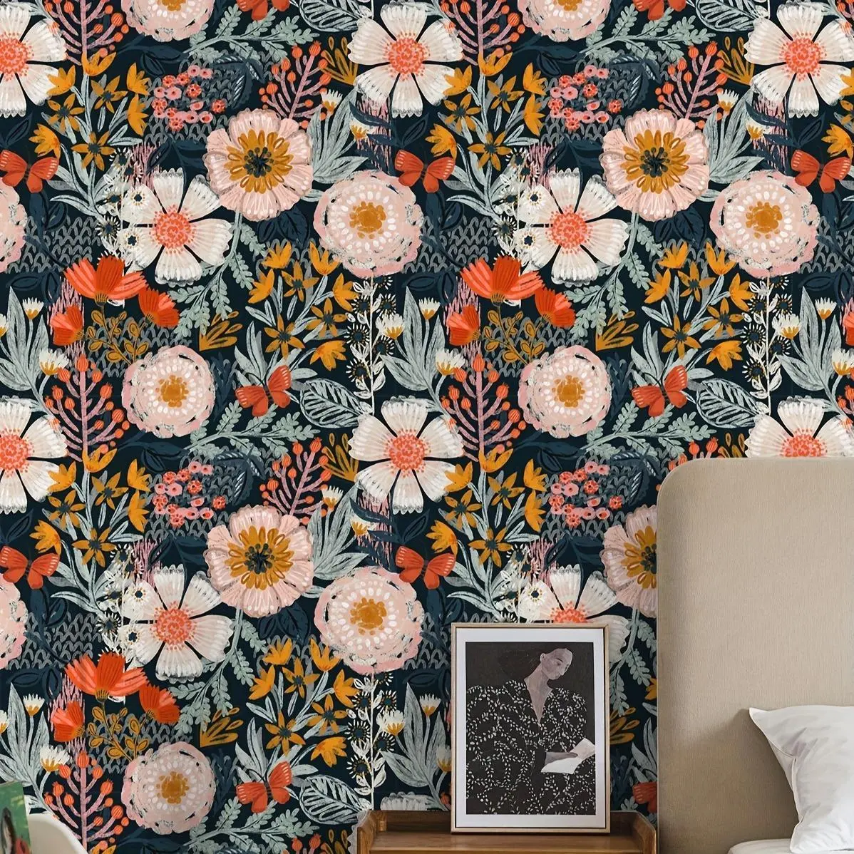 1pc, 17.7*118in, Dark Floral Wallpaper, Boho Peel and Stick Wallpaper, Self-Adhesive Wallpaper, Removable Wallpaper, Boho Floral Contact Paper for Cabinet Living Room dormitory Kitchen Bedroom Home decor