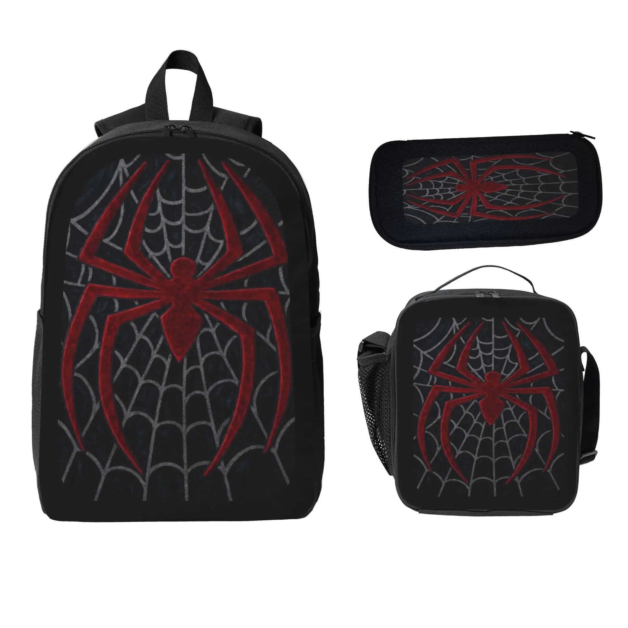Back to School Gift, Halloween Gift, Christmas Gift - Red & Black Arachnid Web Graphic 3-Piece School Backpack Set, Multiverse Spider Hero Bookbag, Lunch Box & Pencil Case for Daily School, Teens & Holiday Surprise