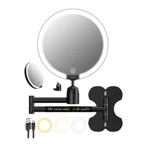 Wall-Mounted LED Makeup Mirror, 6-Inch 1x/30x Magnification, Adjustable 3-Color Lights, Touch Control, USB Charging, No Drilling Needed