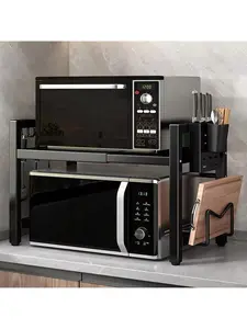 Retractable Microwave Rack Expandable Microwave Rack with Storage Rack Heavy Duty with 6 Hooks and Chopsticks Cutting Board Holder for Kitchen Worktops