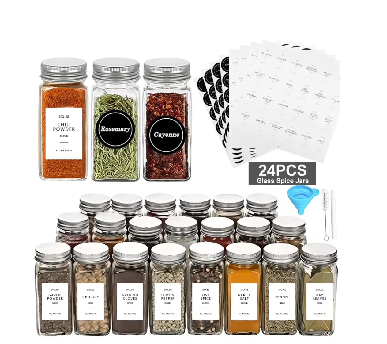 24 Pcs Glass Spice Jars/Bottles - 4oz Empty Square Spice Containers with 8 Spice Labels - Shaker Lids and Airtight Metal Caps Kosbon