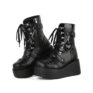 WomensGothAnkleBootsPlatformChunkyHighHeelLaceUpZipperRoundToeCombatBoots