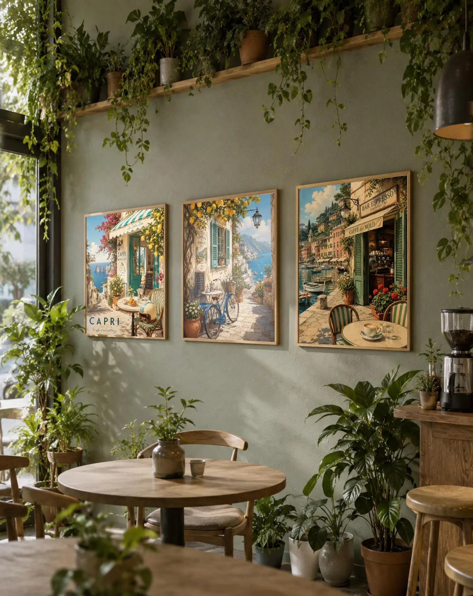 Set of 3 Capri Cafe Travel Prints Capri Travel Wall Art Italian Cafe Poster Set Italian Kitchen Prints Framed Canvas Travel Decor