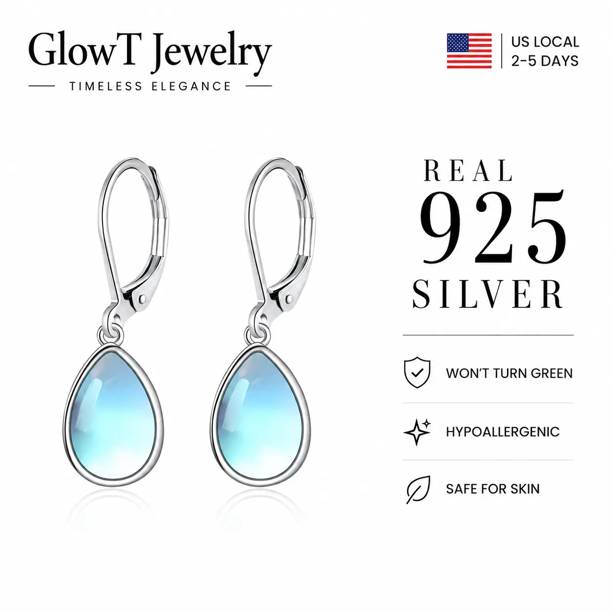S925 Sterling Silver Teardrop Moonstone Leverback Earrings - Hypoallergenic Water Drop Dangle Earrings with Shimmering Blue Rainbow Crystal, Tarnish-Resistant, Nickel-Free, Lightweight for Sensitive Ears, Ideal for Everyday Wear