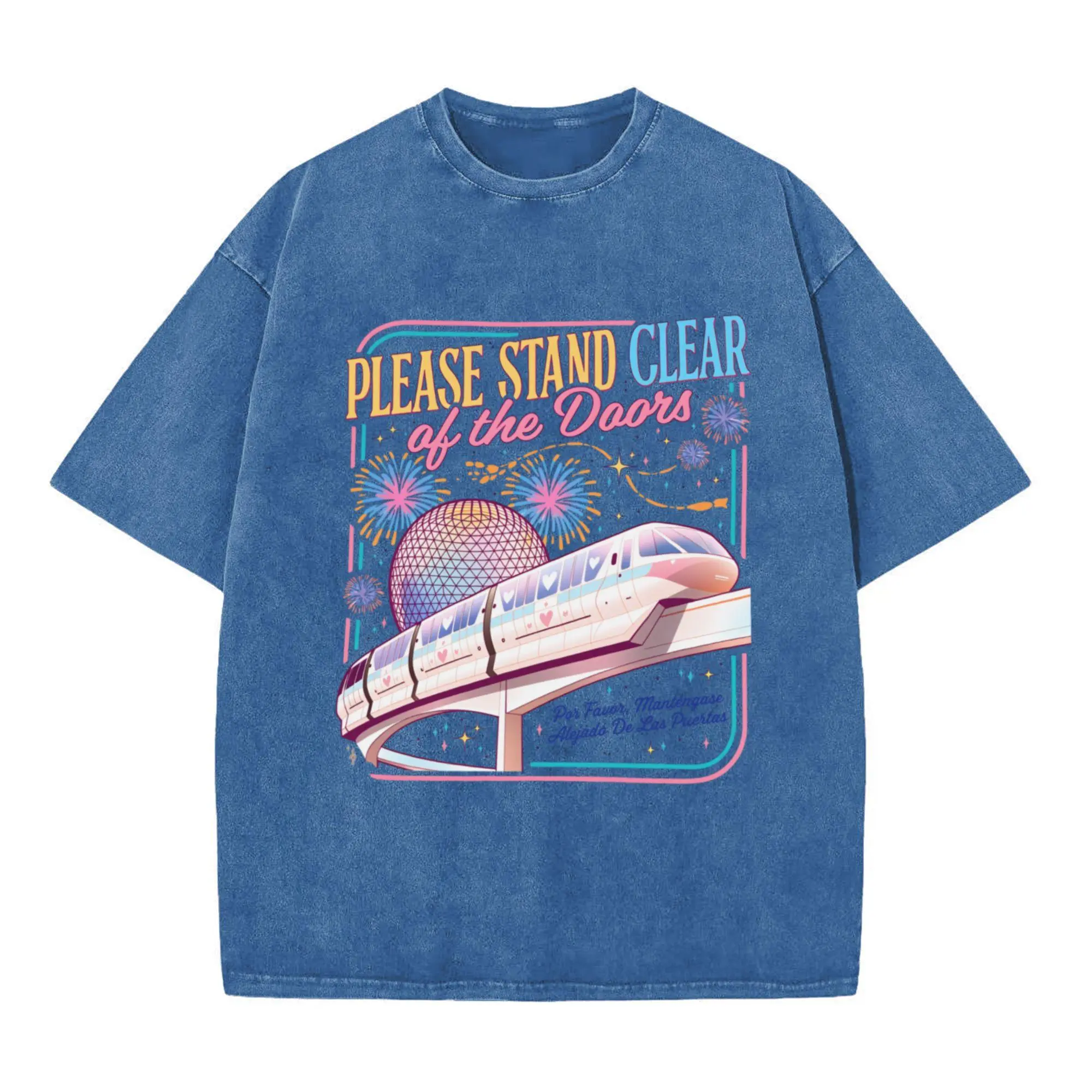 Please stay away from car door shirts, vintage monorail T-shirts, magical family travel outfits, fun theme park vacations, daily casual versatile T-shirts, unisex, washed cotton blue