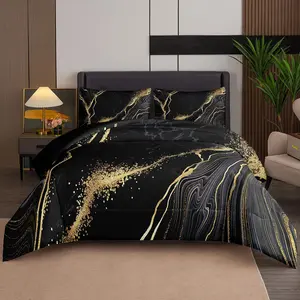 Marble Microfiber Black and Gold Comforter Queen Size for Men and Women with 1 Marble Comforter and 2 Pillowcases-