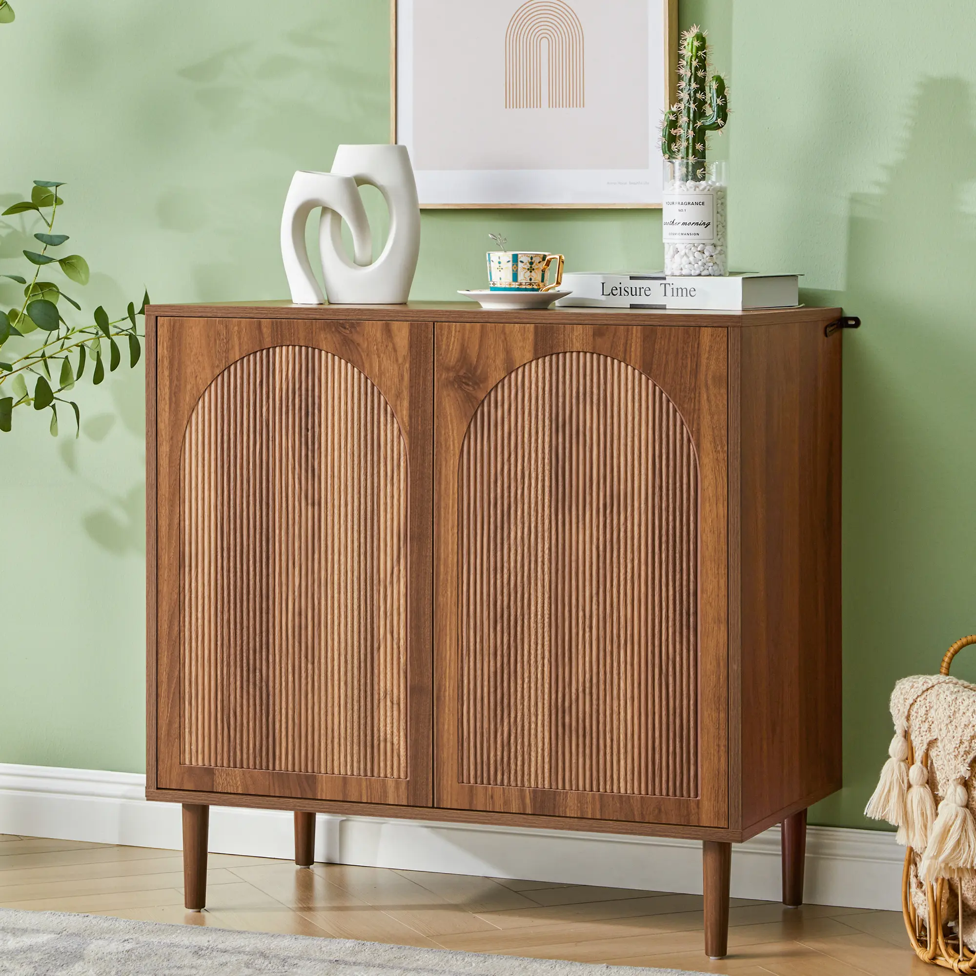 FurSch 31.5” Mid Century Modern Wood Accent Cabinet with Arched Fluted Doors, Small Sideboard Storage for Living Room Kitchen Entryway