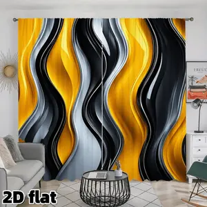2D Flat 2Pcs Modern Abstract Wave Pattern Curtains Yellow Black Grey Stripe Design Rod Pocket Light Filtering Polyester Panels for Living Room Bedroom Office Home Window Treatment Decorative Home Decoration Curtain
