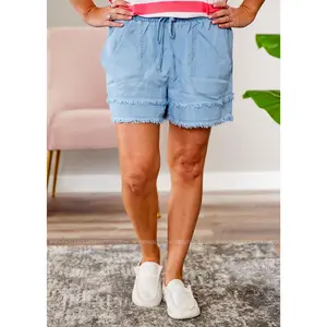 Easel Denim Drawstring Shorts - LIGHT WASH - FINAL SALE