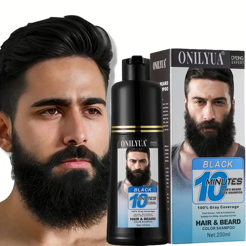 Men’s 3-in-1 Beard & Hair Dye Shampoo - Black, 10-Minute Instant Color, Long-Lasting Gray Coverage, Gentle Non-Toxic Conditioning Formula, Hair Care, Color Protection, Long-Lasting Shine, 6.8 fl oz