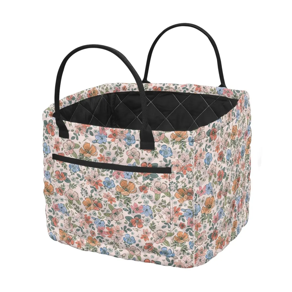 Floral Quilted Laundry Basket Car Storage Basket- Large Capacity Quilted Storage Basket Clothes Hamper with Handles, Pockets, Soft Fabric Storage Bin for Dirty Clothes, Toys, Nursery, Mom Gift