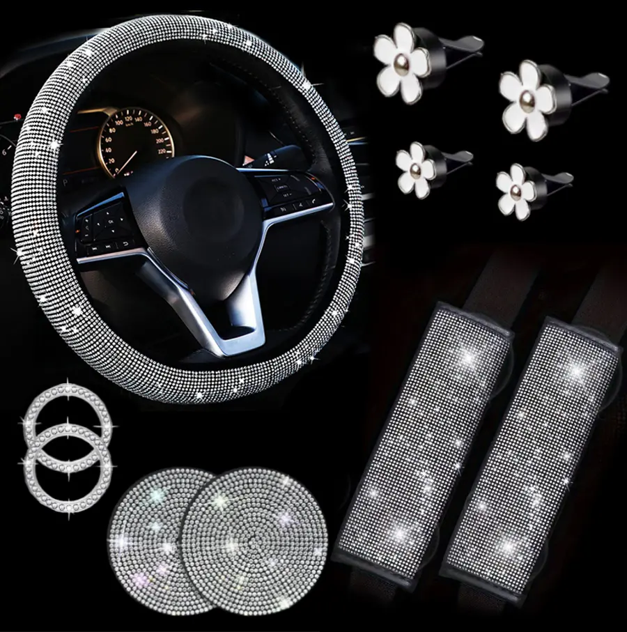 AKPTNNY Shiny 11pcs Girly Bling Car Decor Set - Polyester Steering Wheel Cover, Seat Belt Covers, Daisy Vent Clips, Cup Holder Coasters, Diamond Start Button Rings - Aesthetic Car Trinkets & Accessories for Most All-Season Autos