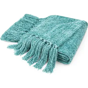 Teal Green Throw Blanket for Couch,  Size Bed, Chenille, Soft Knit Woven Turquoise with Tassel, Decorative Textured for Living Room, 60x80