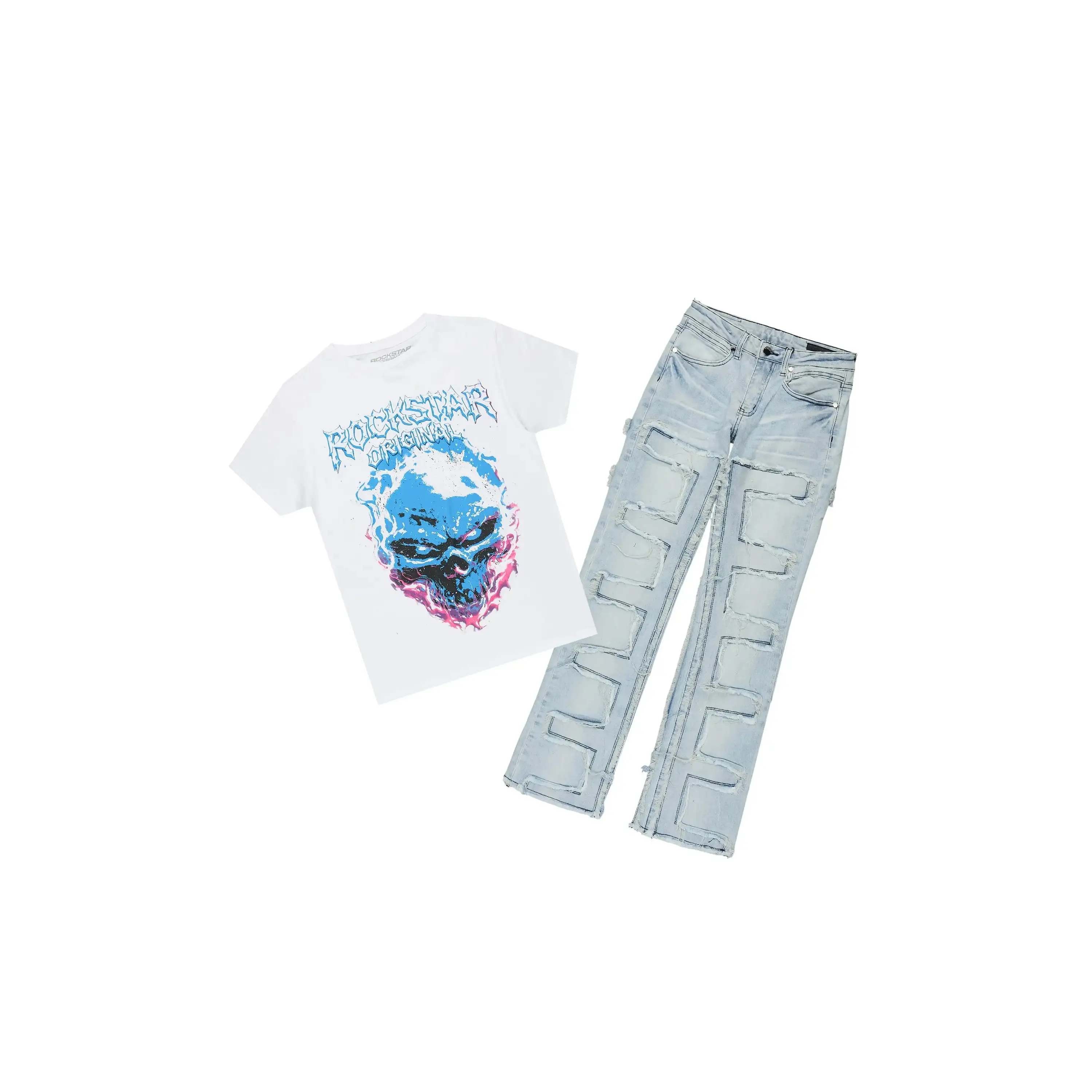 Boys Pixel White/Blue T-Shirt Stacked Jean Set