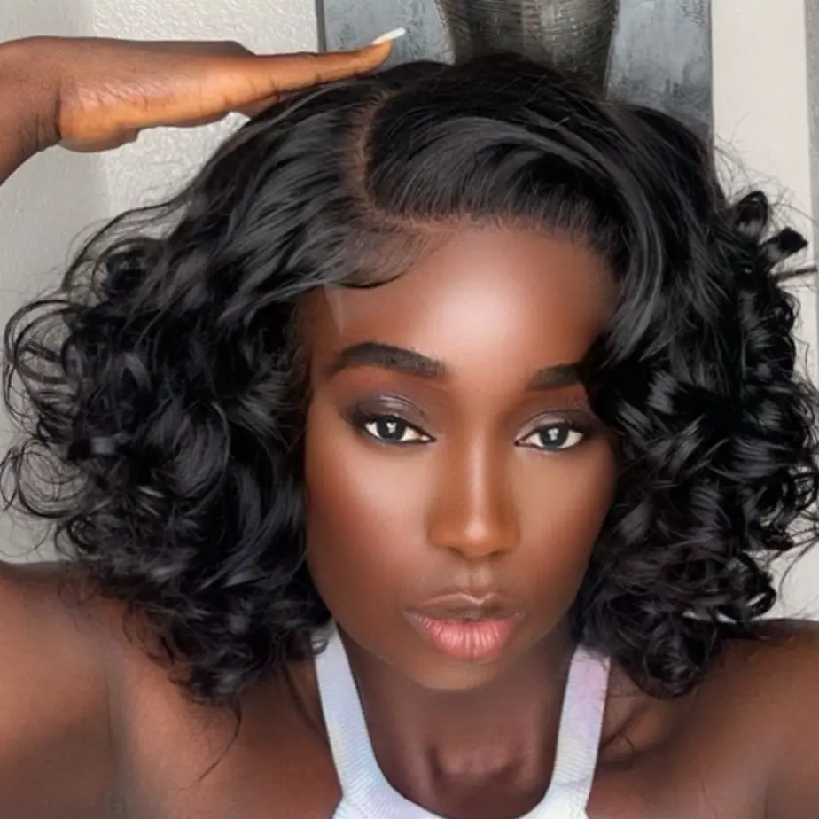 Short Wavy Wigs Human Hair 16 Inch Loose Wave Bob Lace closure, Wigs 250% Density 13A quality ( come bleach & pre-plucked and hot comb ) Ready to wear, glue less