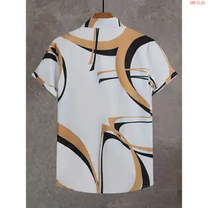 Bmuvlss Men's Quick-Dry Casual Short Sleeve Shirt with Abstract Geometric Print - Lightweight Polyester Blend, Button-Up Collar, Summer Fashion Top in White & Golden