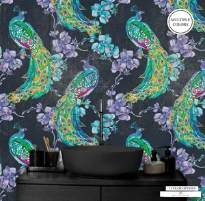 Moody Peacock Peel & Stick Wallpaper: Bold Watercolor, Removable for Boho & Maximalist Decor