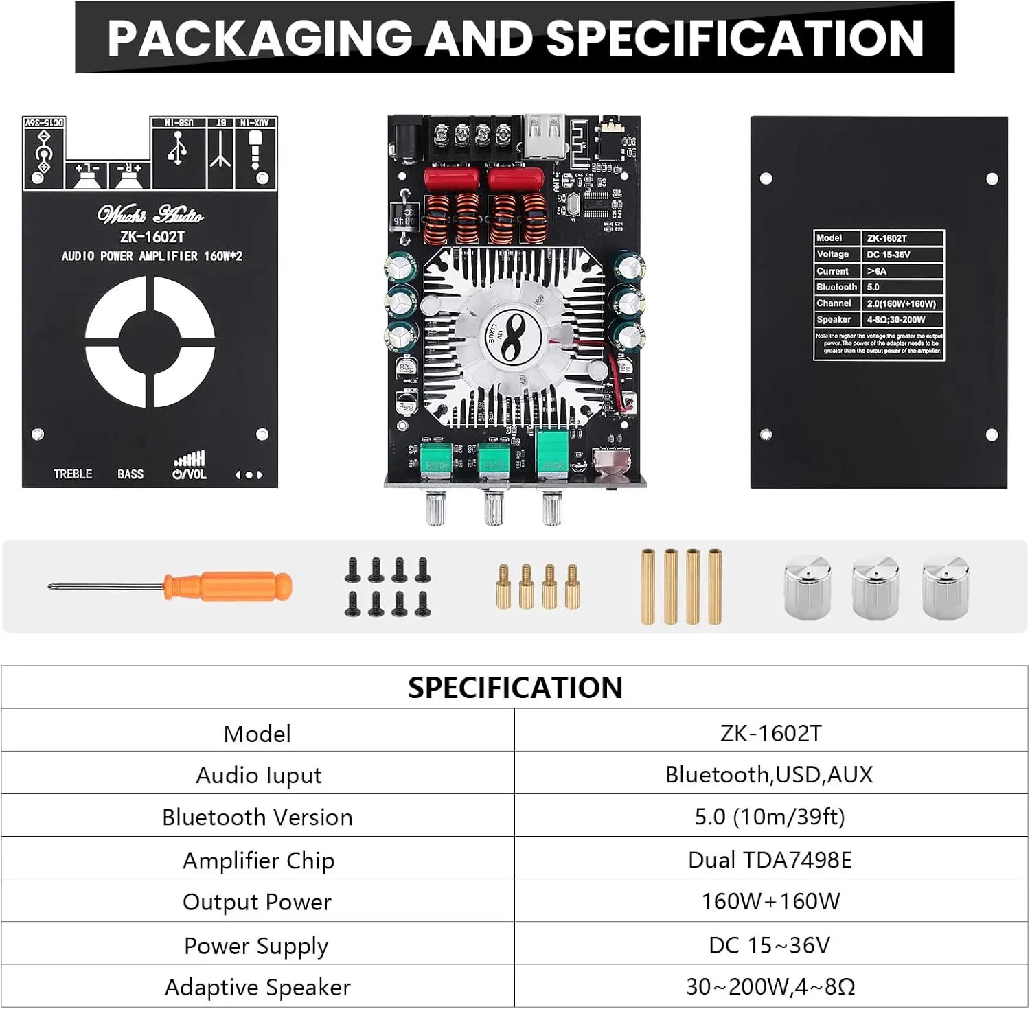 unknownself 出品 Audio Amplifier Board, ZK-1602T Bluetooth 5.0 Power Amp for Home