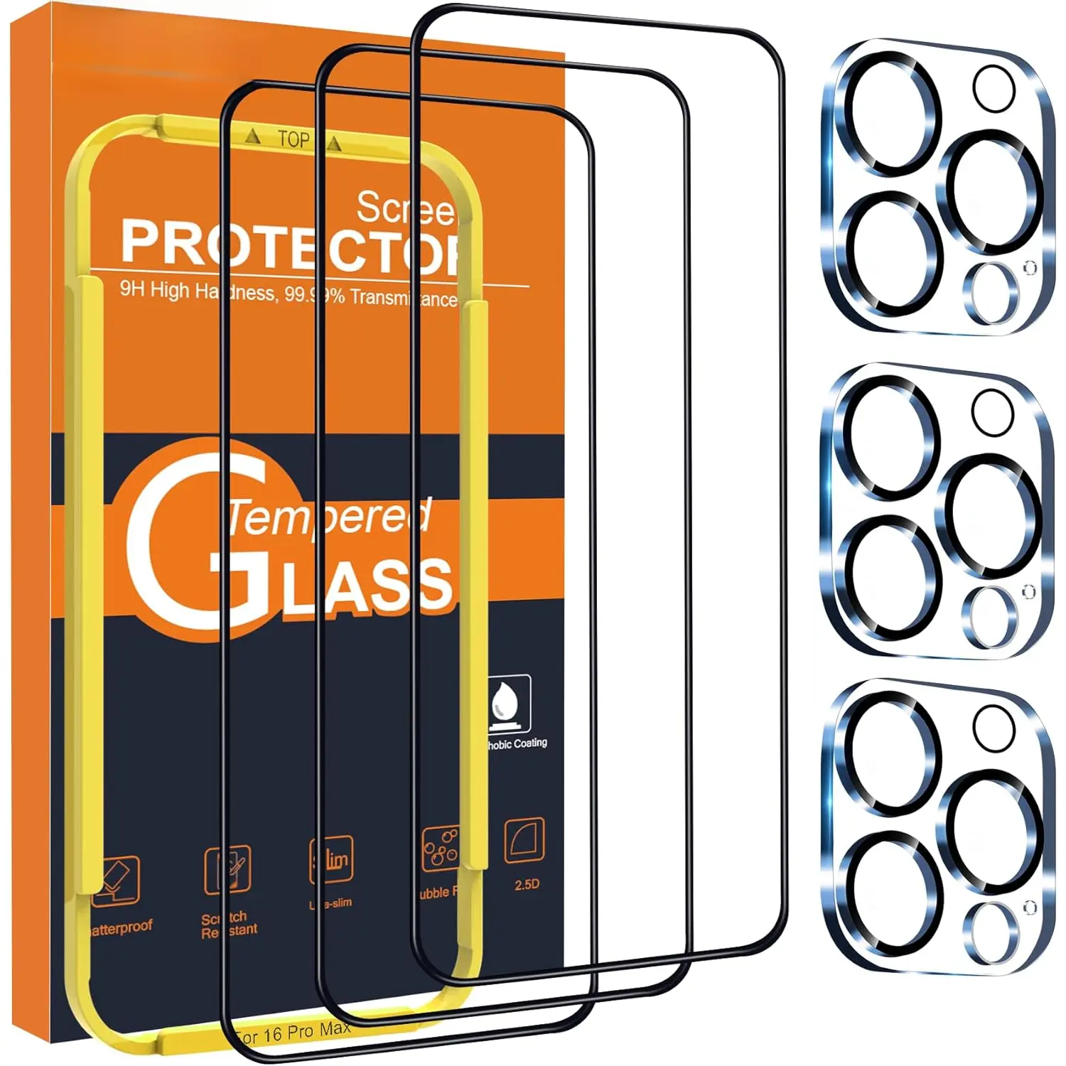 for iPhone 16 Pro Max Screen Protector with Camera Lens Protector, [ Grade Shatterproof], Top 9H+ Tempered Glass, Full Edge Coverage, Ultra Durable, with Installation Tool [3+3 Pack]