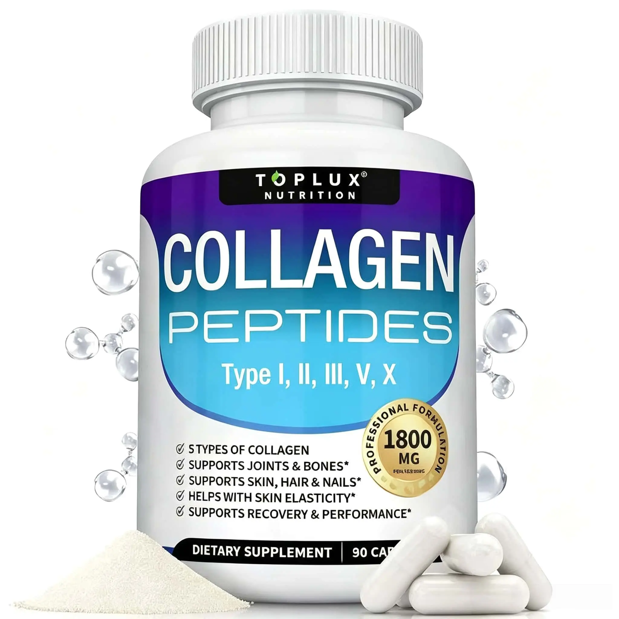Toplux Nutrition Collagen Peptides 5 Types Complex 1800mg US Made Dietary Supplement for Health Beauty Fitness 90 Capsules