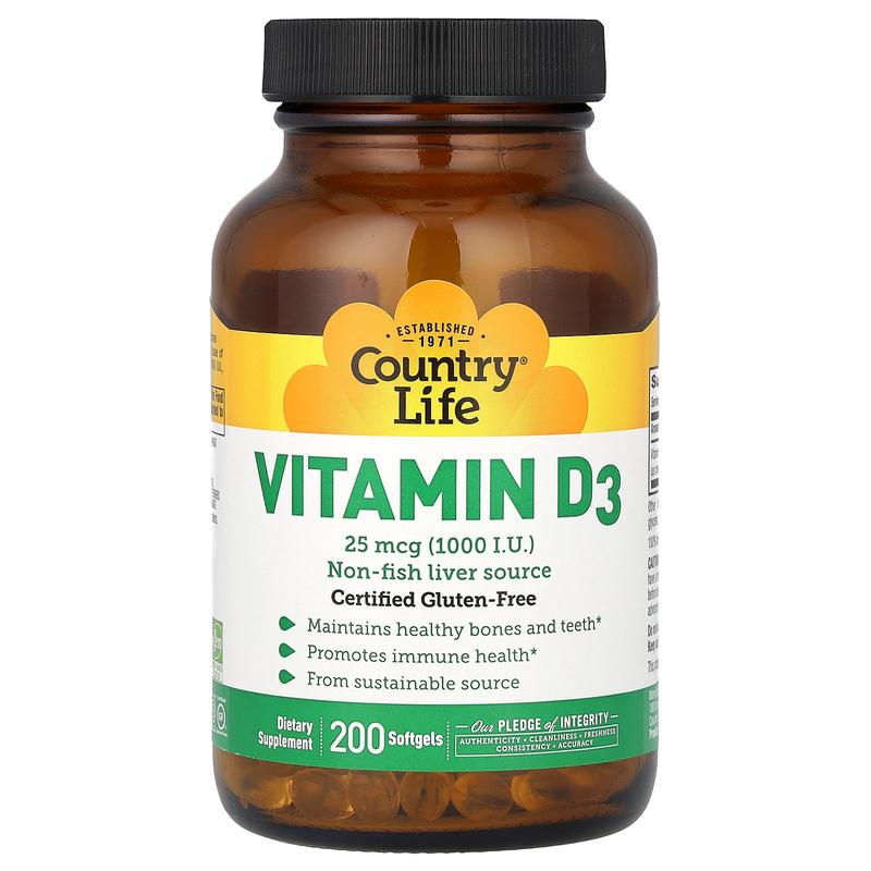 Country Life Vitamin D3, 25 mcg (1,000 I.U.), 200 Softgels