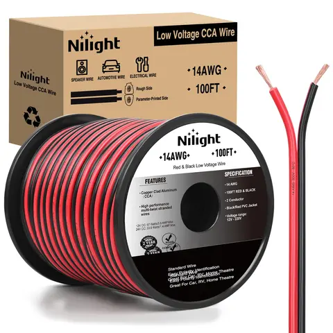 Nilight Wired 100ft×2 Color Set Plastic Parallel Strands Cable, 14AWG 14/2 Gauge CCA 2-Conductor Low Voltage Extension Cord, 12V/24V DC for Car Audio Radio Speaker Hookup & Cable Connection, Car Accessory