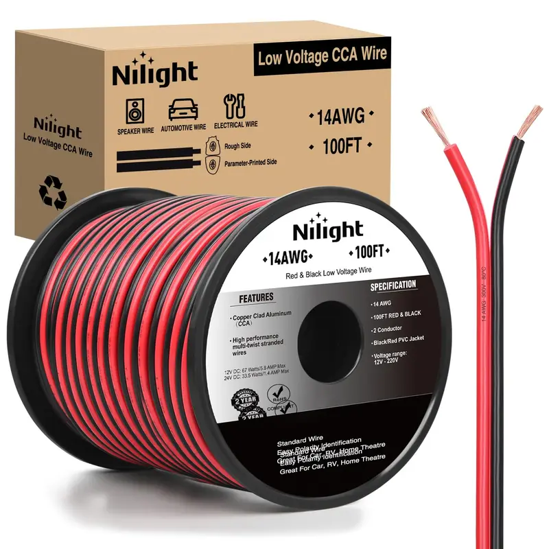 Nilight Wired 100ft×2 Color Set Plastic Parallel Strands Cable, 14AWG 14/2 Gauge CCA 2-Conductor Low Voltage Extension Cord, 12V/24V DC for Car Audio Radio Speaker Hookup & Cable Connection, Car Accessory