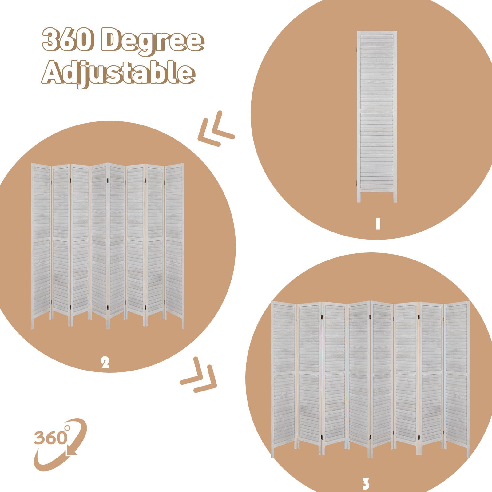 Fionafurn8PanelRoomDivider-FoldingPartitionPrivacyScreen,67"TallLouveredWoodWhiteDividerforHomeBedroomLivingRoomApartmentDorm,PortableFreestandingWallSeparator,NoAssemblyNeeded,360°Hinges,Light&AirFlow