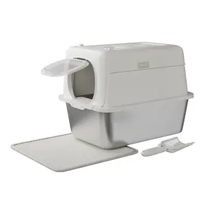 Stainless Steel Enclosed Cat Litter Box with Lid, 3-in-1 Convertible Design, excellent odor control and anti-tracking function, ideal for large cats and multi-cat families, comes with litter mat and scoop, holds up to 50L cat litter