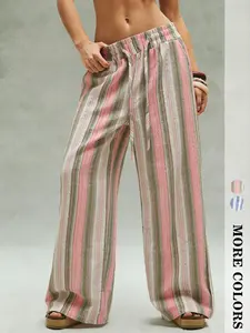 Women's Boho Style Elastic Waist Striped Long Pants, Straight Leg Design for Comfort and Fashion, Ideal for Daily Wear