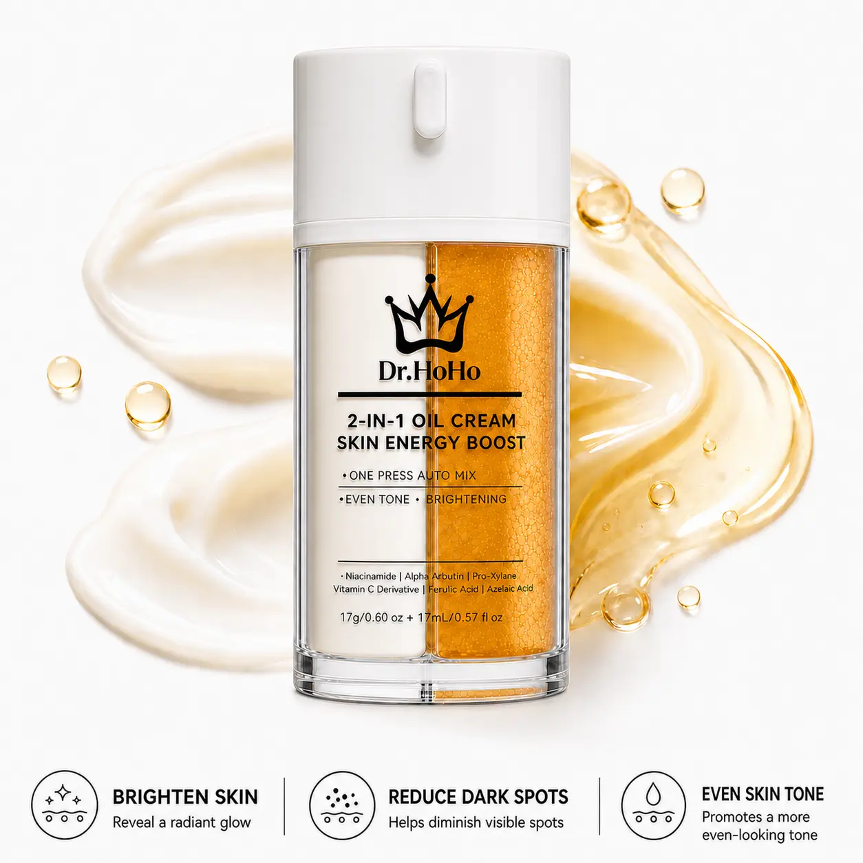 Dr.HoHo Niacinamide & Vitamin C Brightening Serum – 2-in-1 Oil Cream with Alpha Arbutin & Azelaic Acid – Dark Spot Remover & Skin Energizer – Hydrating Lightening Face Care for Even Tone & Glow