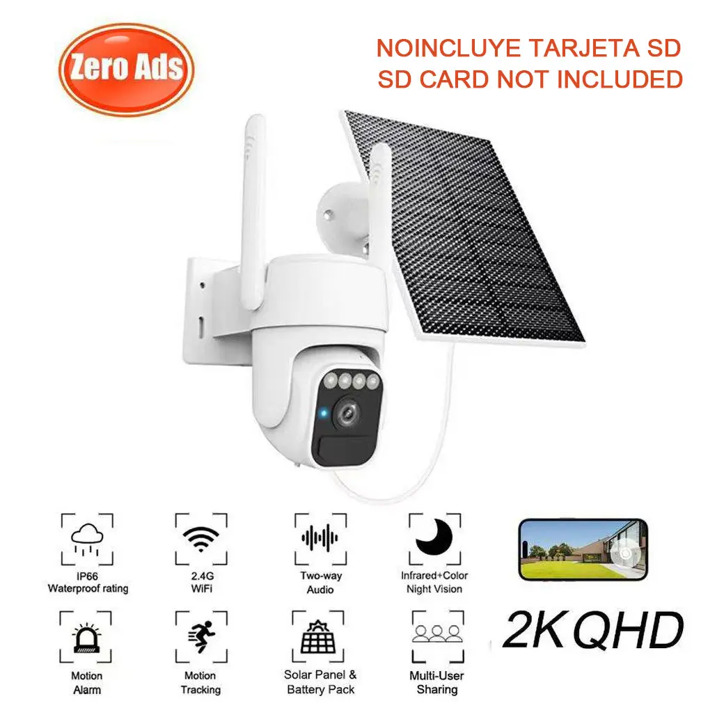 2K FHD 360-Degree Solar Security Cam, IP66 Waterproof WiFi IP CCTV Camera, PIR Motion Detection, Color Night Vision, Spotlight, 2-Way Talk