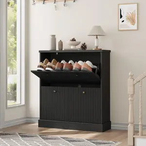 Modern Fluted Shoe Cabinet - 2 Turn Over Drawers, Adjustable Shelf & Hidden Storage, Space-Saving Freestanding Entryway Shoe Organizer for Hallway or Living Room, Wooden Furniture