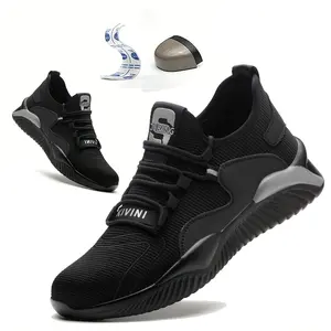 Plus Size Solid Steel Toe Men's Protective Shoes, Comfy Lace Up Sneakers for Constructional Safety Workout Activities