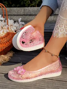 Summer New Hollow Out Floral Crystal Jelly Shoes, Breathable Mesh Plastic Sandals, Mid Heel Soft Sole Comfort Women's Shoes