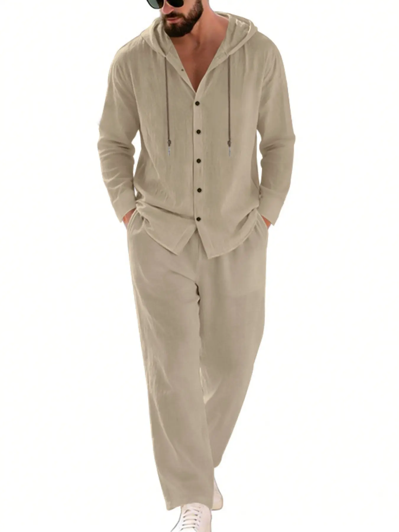 Men's Pure Linen Two-Piece Set, Long Sleeve Hooded Button Shirt & Pants, Breathable Casual Outdoor Beach Vacation Home Wear