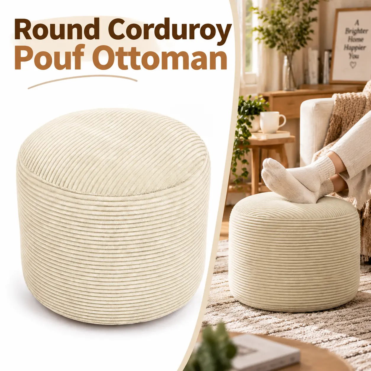Round Corduroy Pouf Ottoman, Soft Foam Filled Footrest & Accent Seat, Cozy Modern Home Decor for Living Room, Bedroom, Lounge & Relaxing Spaces