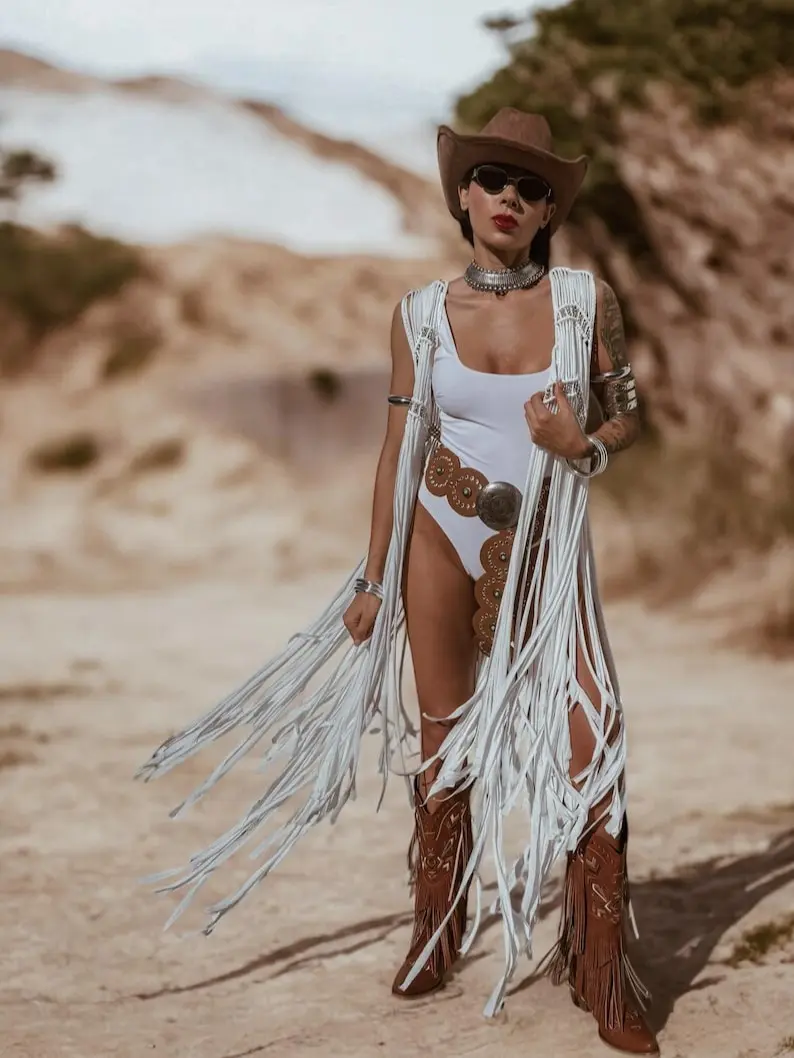 Boho White Macrame Fringe Vest with Silver Beads Western Glam Top for Festival Cowgirl Looks & Barn Wedding Bridal Outfit - Dress