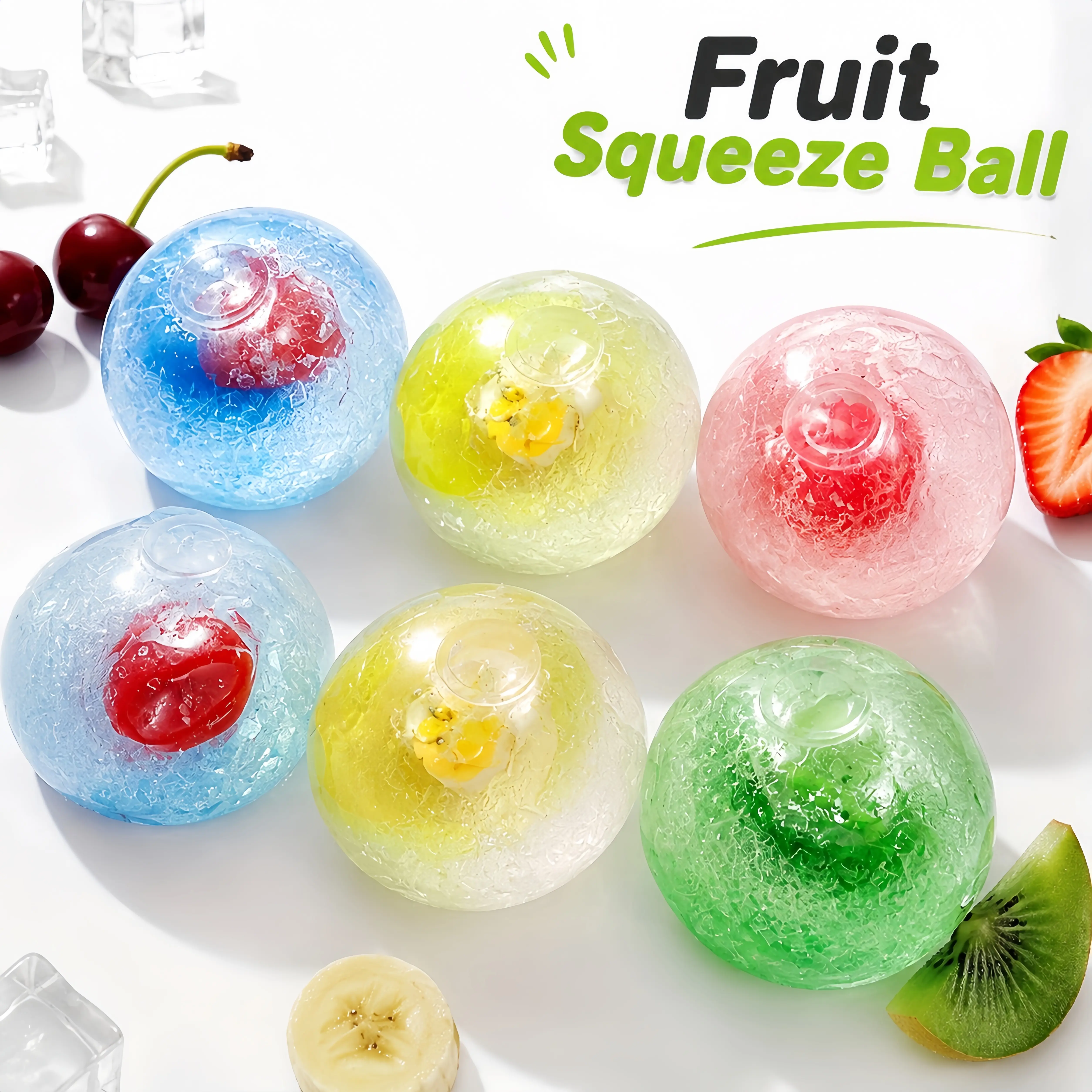 Fruit Sorbet Handmade Squishy Ball, Half Coconut Oil & Half Transparent Sand Filled Crunchy Squeeze Fidget Toy with Sandy ASMR Sound, Moldable Stress Relief Sensory Toy for Kids Adults, Novelty Anxiety Relief Desk Decor Party Favor Gift
