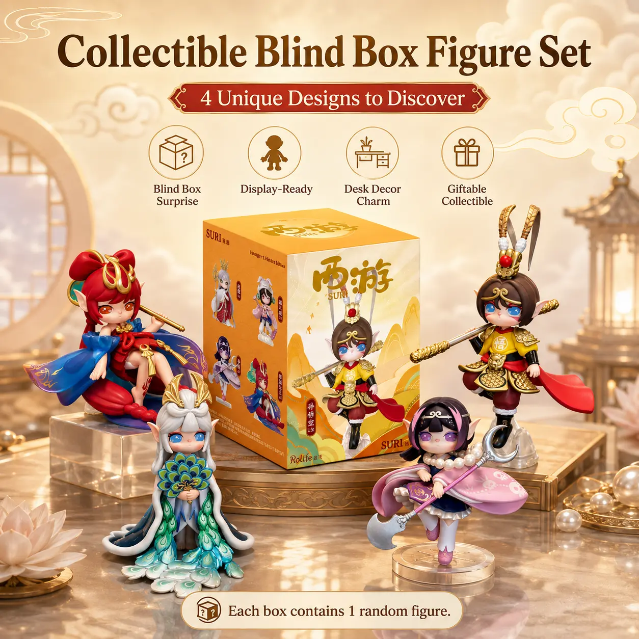 Rolife Suri Journey to the West Series Cute Collectible Blind Box Figure - 1 Random Sealed Character Blind Pack, Cartoon Colorful Art Toy Capsule, Great for Display, Collectible Gifts for Desk Decor, Box Figures Box, Capsules, Colorful Styling
