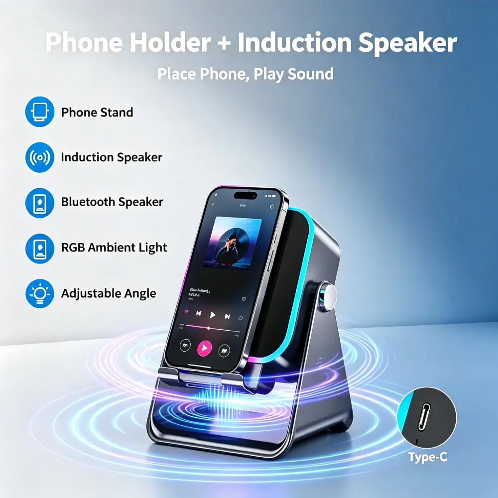 5 In 1 Auto-Induction Speaker Phone Stand, Portable Bluetooth Audio Bracket With 8 RGB Ambient Light, Surround Sound Cell Phone Holder