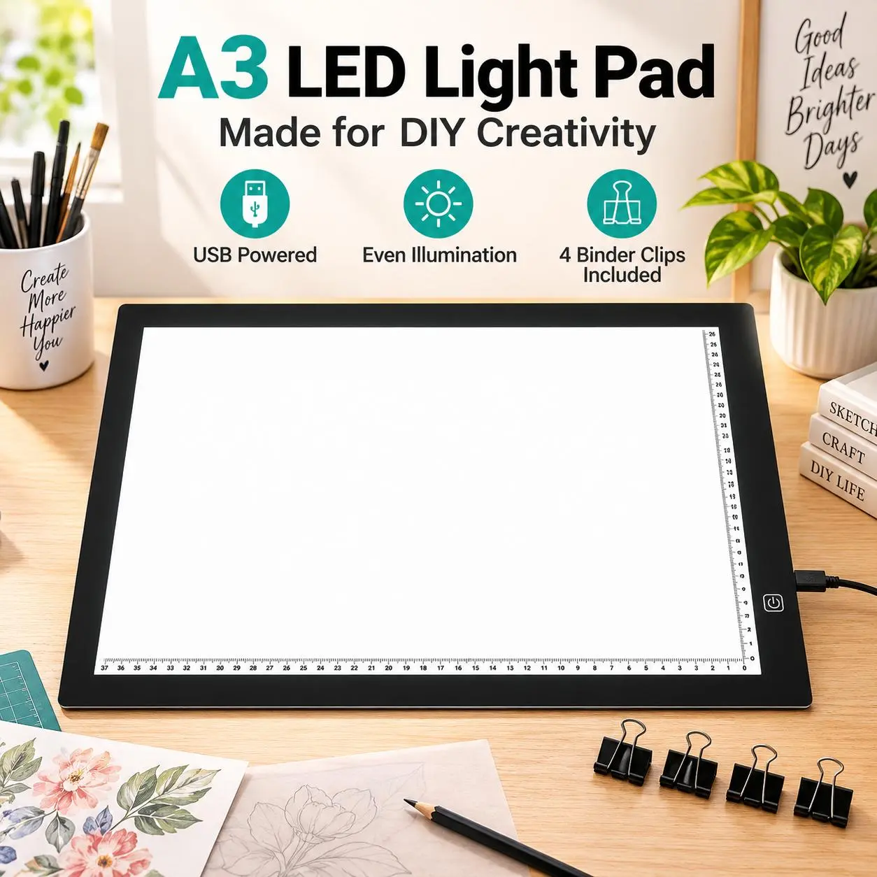 A3 LED Light Pad, 47.5×34.5cm (18.7×13.6in) USB Powered Tracing Light Box with 3-Level Adjustable Brightness, 4 Binder Clips for Diamond Painting, Drawing, Holiday Gift for Craft Lovers