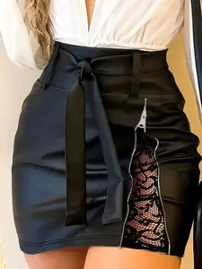 Aswulk Women's Solid Color Lace Patchwork PU Skirt with Zipper and Thin Fleece Inner Lining, Fashionable Bow Belt Mini Skirt for Daily Outdoor Wear, Ladies Bottoms for Spring & Fall & Winter