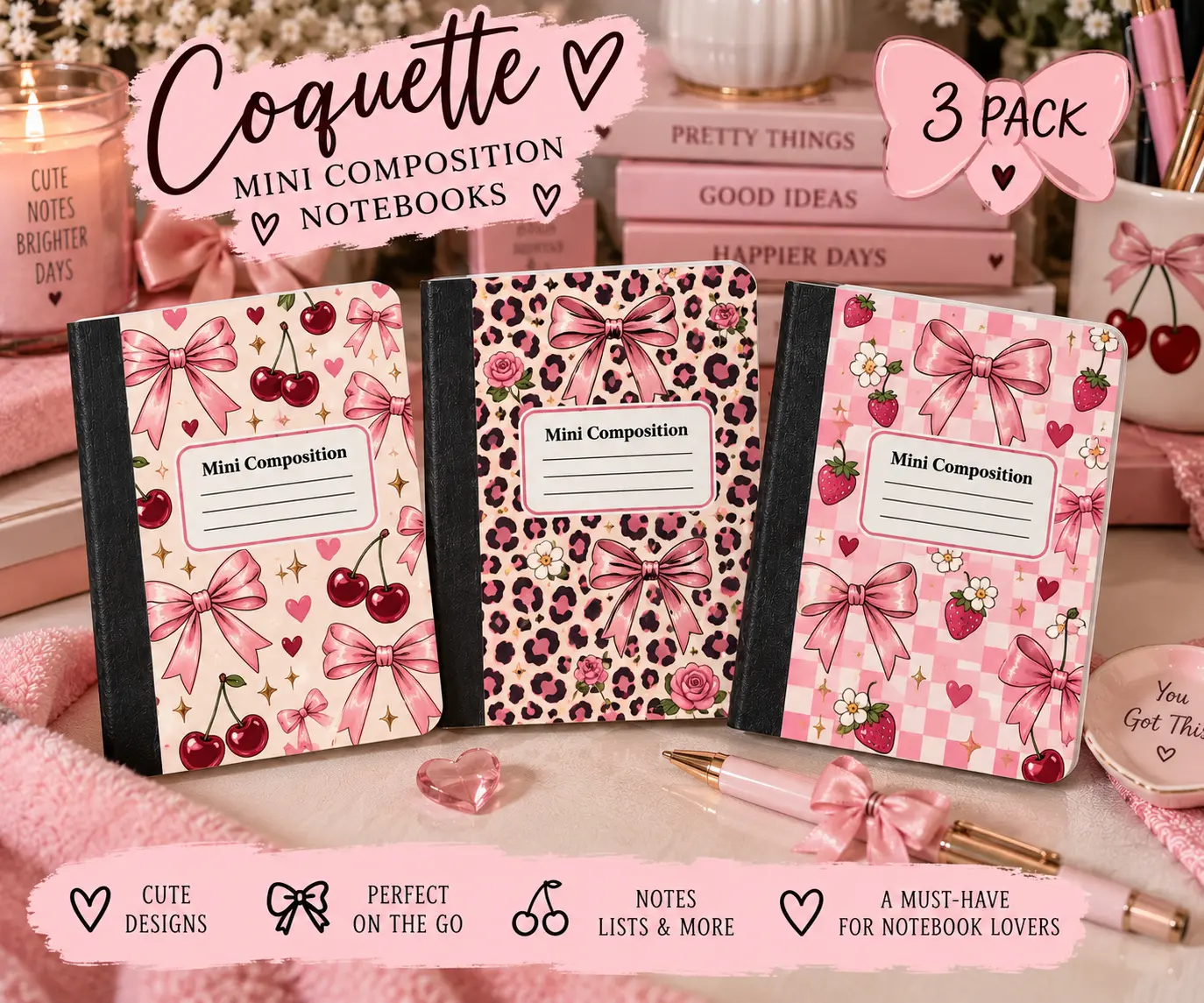 Coquette 3-Pack Mini Composition Notebooks, Pink Bow Mini Pocket Office Stationery