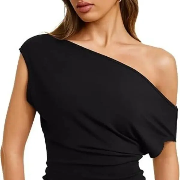 Women's Off-Shoulder Asymmetric Ruched Slim Fit Crop Tee | Summer Sexy One-Shoulder Short Sleeve T-Shirt