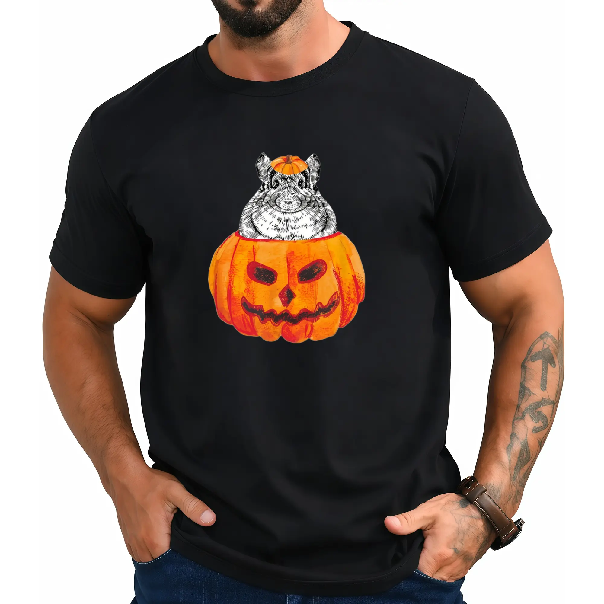 Men's Funny Chinchilla & Jack-O'-Lantern Costume T-Shirt - Retro Pumpkin & Chinchilla Graphic Crew Neck Tee, Machine Washable Casual Shirt Suitable for Halloween Costumes, Gym Wear, Everyday Outfits - Retro Style Printed Top