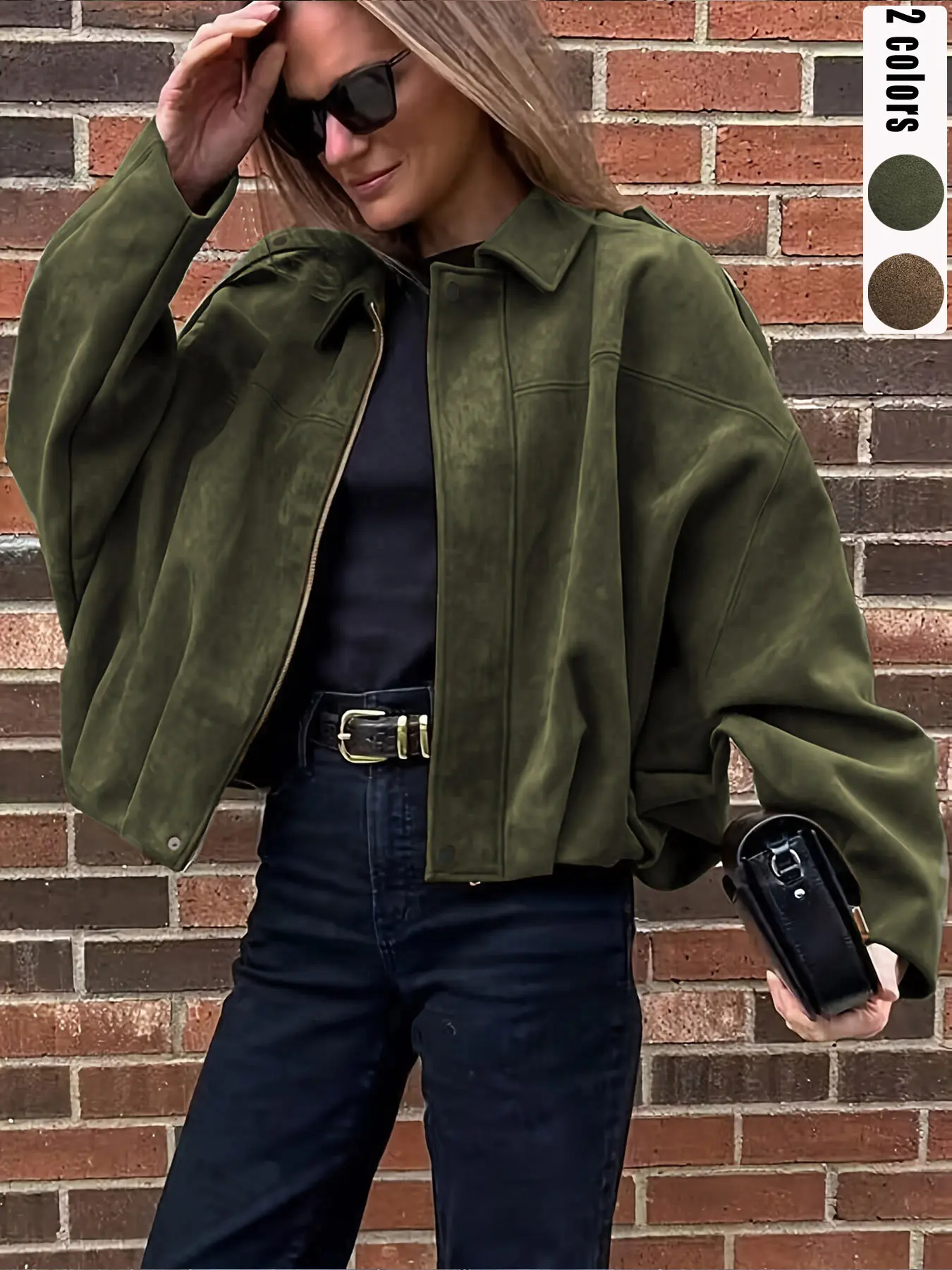 Women's suede leather jacket, coffee-colored faux leather flight jacket, bomber jacket, oversized Batwing bat-sleeve coat, casual sporty fashion style, Y2K retro style, Douyin bestseller, Pockets, Womenswear, Outerwear, Soft