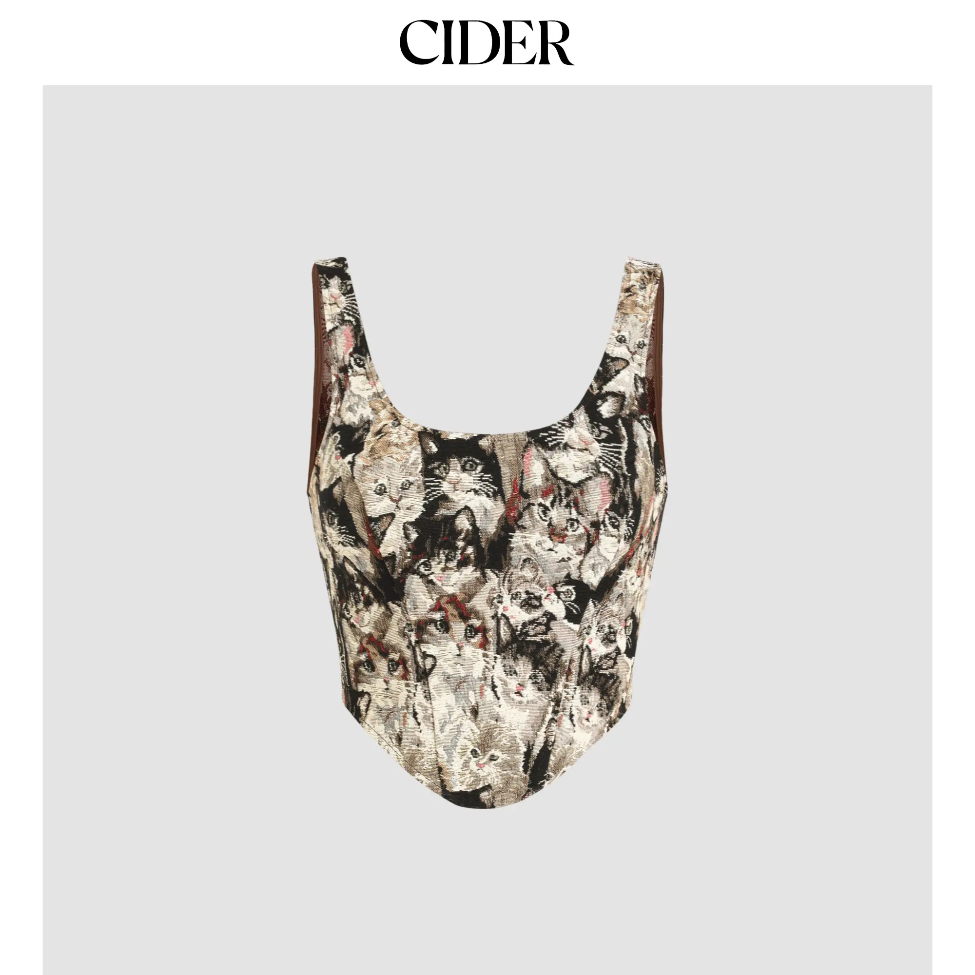 Cider Women's Slim-Fitting Jacquard Corset Cami Crop Top - Lady's All-Over Graphic Cat Pattern, Sleeveless, U-Neck, Casual Chic Blouse